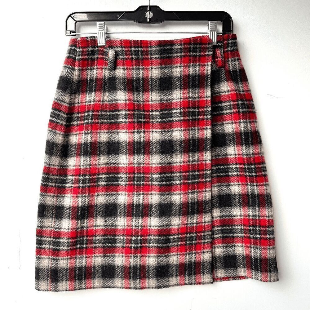 VTG 90s Eddie Bauer Red Black Plaid Wool Wrap Skirt SZ 8 Lined Kilt Style